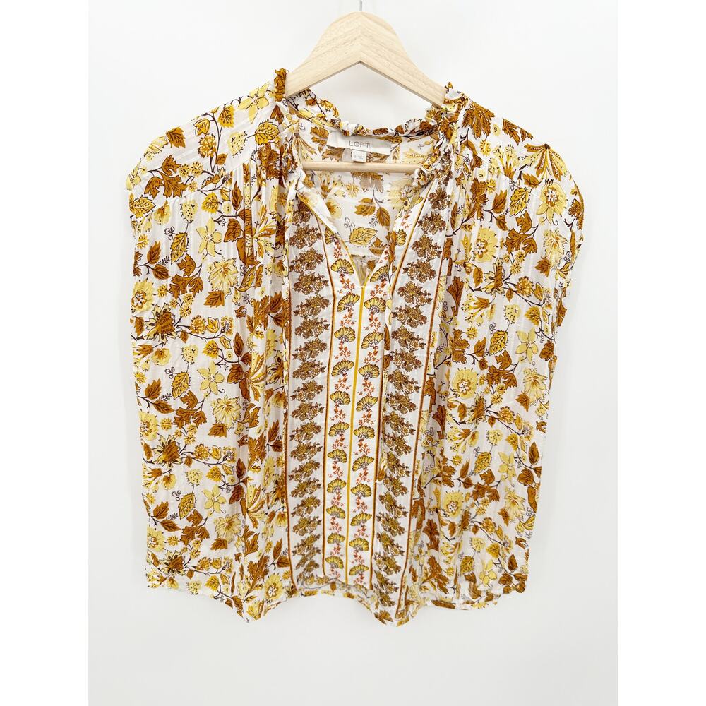 Loft Yellow Floral Leaf Pleated Lightweight Blouse Womens‎ Size S Fall Office
